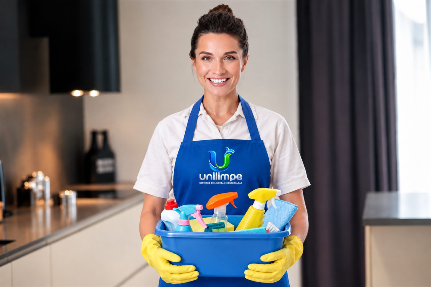 Profissional da Unilimpe uniformizada com materiais de limpeza